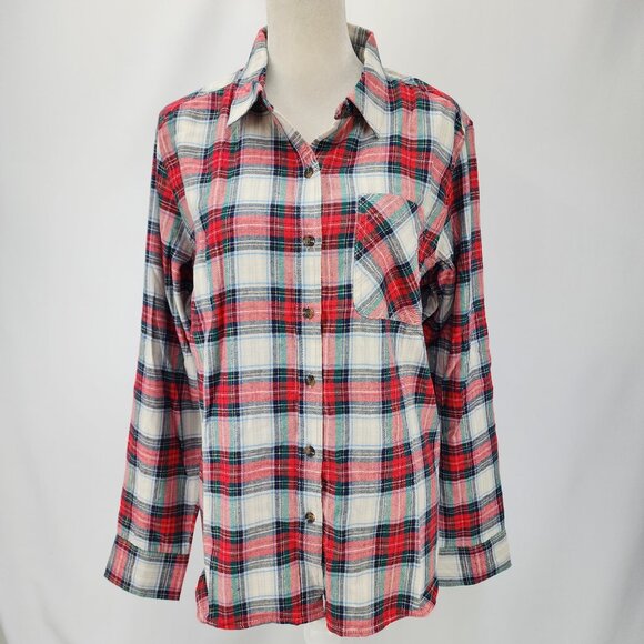 New Time & Tru Womens Large 12-14 White Red Green Plaid Button Up Flannel Shirt - Picture 4 of 11